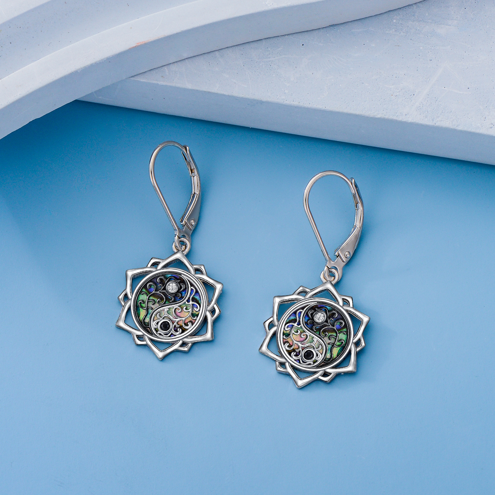 Women's Yin Yang Lotus Dangle Earrings in Sterling Silver